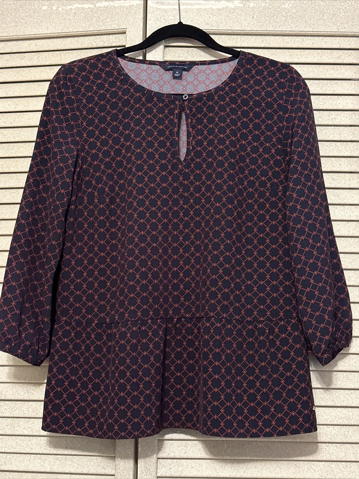Blusa Tommy Hilfiger para mujer roja y azul oscuro manga 3/4 ojo de cerradura cintura caída M Foto 2 de 4
