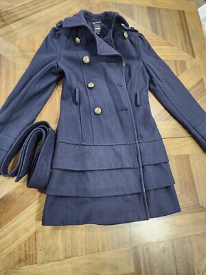 Express Women's Wool Coat Jacket Navy Blue Size S, Fit Flair, Ruffles 