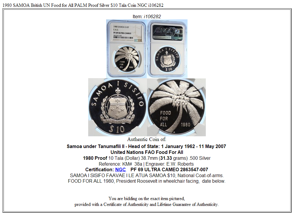 1980 SAMOA British UN Food for All PALM Proof Silver $10 Tala Coin
