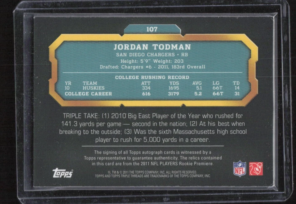 Jordan Todman 2011 Topps Triple Threads #107 Auto RC Chargers NFL - Image 2 of 2