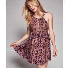 FREE PEOPLE Sleeveless Keyhole Boho Mauve Floral Babydoll Swing Slip Dress SZ S