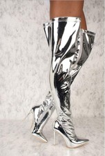 Women Metallic Mirror Pointy Toe Chic Thigh High Heel Over The Knee Boots Silver