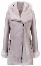 Women's Frost Grey Hooded Suede Merino Shearling Sheepskin Leather Jacket