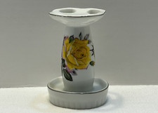 VTG Ceramic Yellow Rose Floral Toothbrush Holder Silver Rim Japan Cottage Core