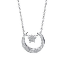 Sterling Silver Moon Star Cubic Zirconia Pendant Necklace 18" Chain Gift Box L2