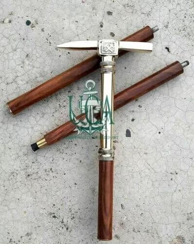 Antigua cabeza de mango victoriano de latón bastón de madera aspecto de hacha de hielo bastón regalo