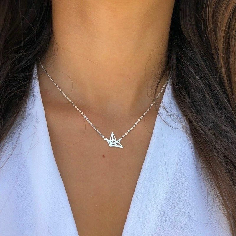 1pc Origami Crane Necklace Stainless Steel Bird Pendant Necklaces