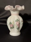 Vintage Signed Fenton White Milk Glass Hand Painted Floral Ruffled Rim Vase