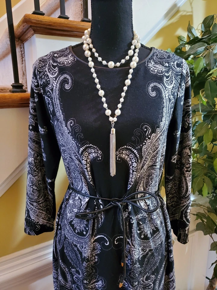 TIANA B. Women's Shift Dress Stretch Black White Paisley Size 8 Belted - Image 2 of 4