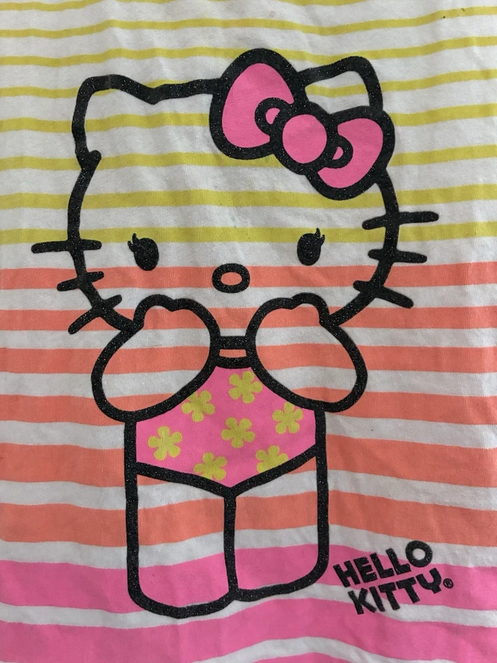 Sanrio Kids Girls Colorful Glitter Hello Kitty Striped Cotton Tank Top White L - Image 4 of 4