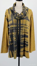 NEW Inoah Tunic Sweater Art Mustard Black Abstract Cowl Neck Long Sleeve XL