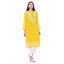 Georgette Yellow Chikankari Kurti Hand Embroidered Kurti with Matching Inner