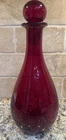 Ruby Red Glass Decanter w/ Ball Stopper 11” Tall MCM Bar Vintage Round
