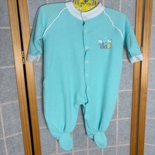 Vintage Evenflo Aqua Blue Textured Waffle Knit Footed Sleeper Bunny 3-6M