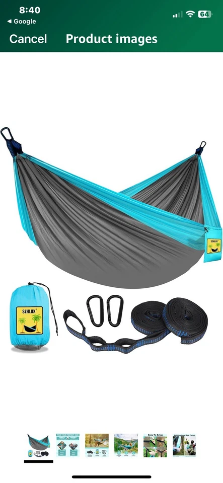 NUEVA Hamaca Doble Camping Szhlux con Correas para Árboles y Bolsa de Transporte Azul Resistente Foto 3 de 3
