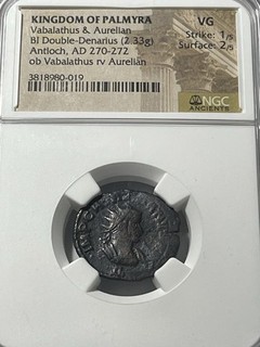 Antigua moneda romana d.C. 270 272 BI doble denario Vabalato y Aureliano NGC EN MUY BUENA CONDICIÓN