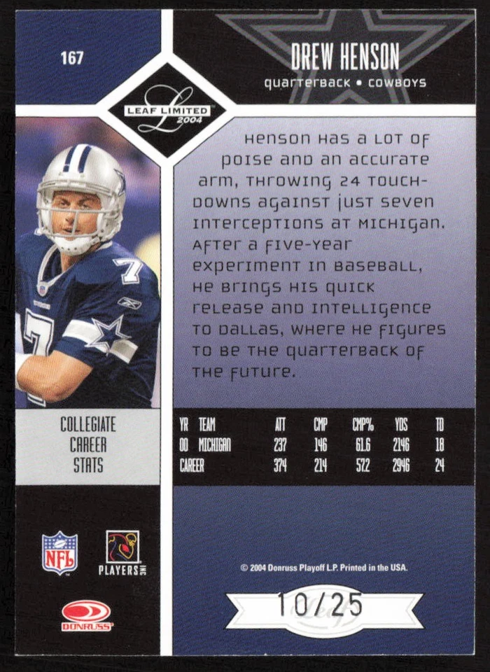 2004 Leaf Limited Gold Spotlight #/25 Drew Henson #167 Rookie Dallas Cowboys - Image 2 of 2