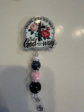 Floral Religious Multicolor Beaded Retractable ID Badge Holder Pink Black Women