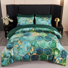 7Pcs Teal Green Marble Comforter Set Full Watercolor Gold Bedding Set Geometr...