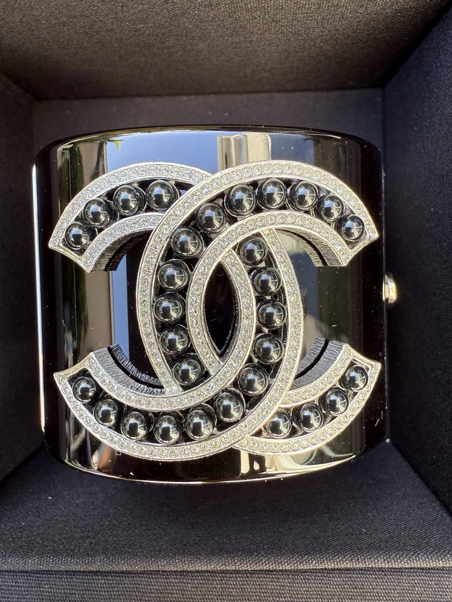Chanel 18A Black Resin CC Logo Beads Pearls Crystal Cuff Bracelet