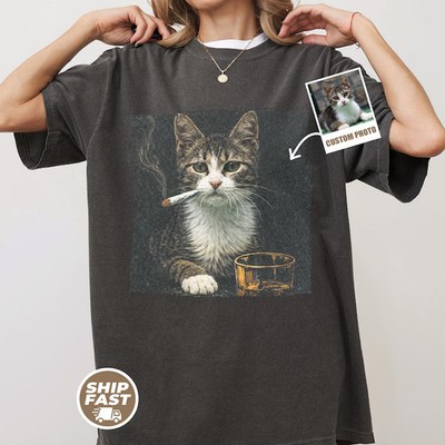 Custom Pet Photo Comfort Tee Funny Smoking Cat Personalized Gift Shirt Idea