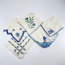 Vintage Blue Floral Handkerchief Set Mother Embroidery Crochet Lace Lot of 5