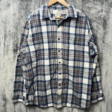 Vintage LL Bean Shirt Flannel Large Traditional Plaid Tan Blue