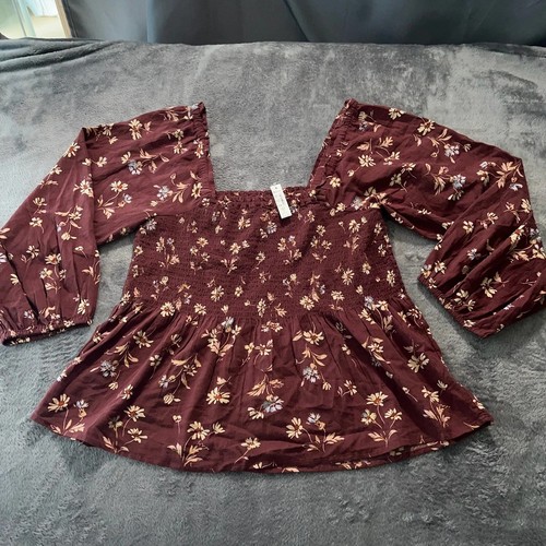 Madewell Blouse Womens Size 10 Burgundy Floral Smocked Puff Sleeve Top