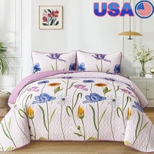 Floral Quilt Set Botanical Bedspread Farmhouse Bedding Microfiber Pillowcases US