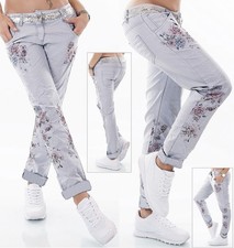 Neu Damen Hose 40 L Blumenprint Pailletten Italy Stretch Jeans Grau Trend Style