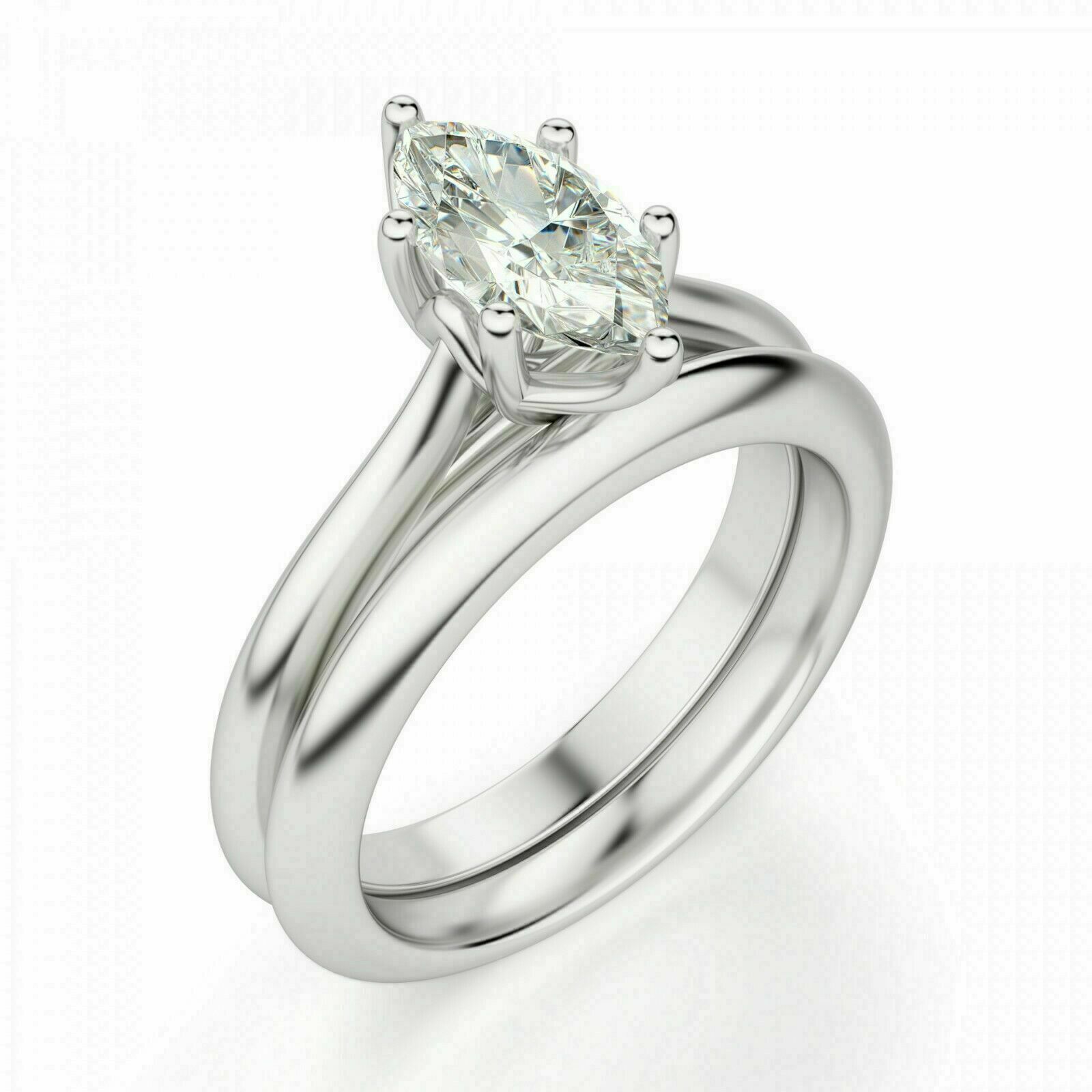 14K White Gold Plated Silver 2Ct Marquis Simulated Diamond Engagement Ring Set