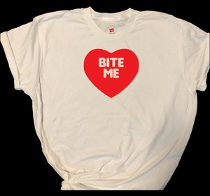 white tee with red writing