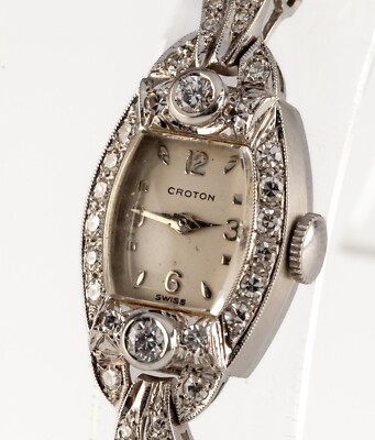 14k W.G. CROTON WATCH VINTAGE Croton Nivada Grenchen 14k White Gold Silver Linen  main image 3