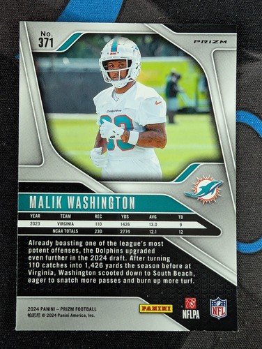 2024 Prizm Rookie Card RC Silver Malik Washington Dolphins - Picture 2 of 2