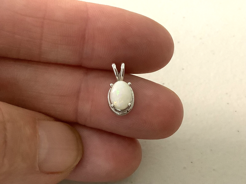 Vintage 14k Weißgold Natur Opal Edelstein Oval Anhänger