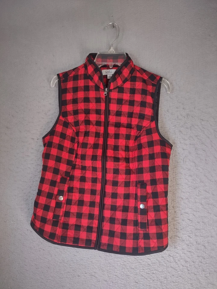 Croft Barrow Womens Vest Small Red Black Quilted Check Full Zip Lined Casual - Image 3 of 4