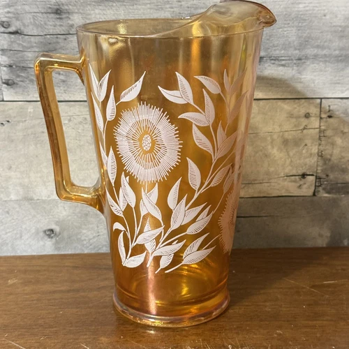 Vintage Jeanette Glass Co. White Cosmos Marigold Carnival Glass Pitcher Ice Lip