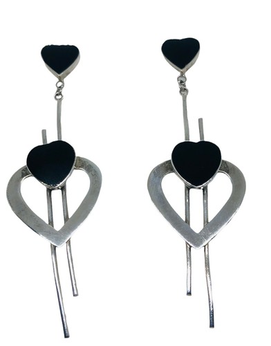 Large Heart Black Onyx Vintage 925 Sterling Silver Dangle Drop Earrings - Picture 2 of 8