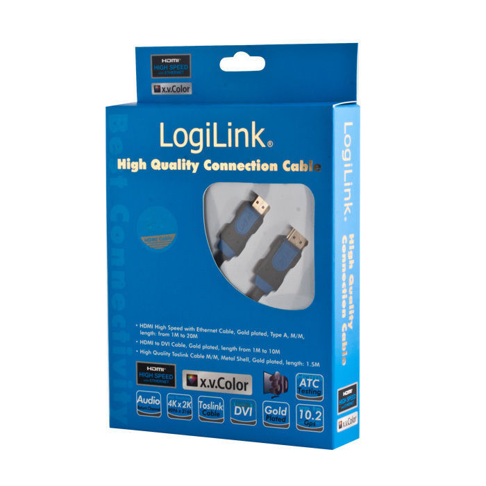 LogiLink HDMI Kabel High Speed Ethernet 1.4 Audio Full HD 2m Type A M/M vergolde