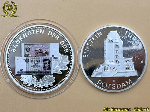 DDR 2 x Medaille Einstein Turm Potsdam 5 Mark 1986 + Banknoten der DDR 5 Mark - Bild 1 von 12