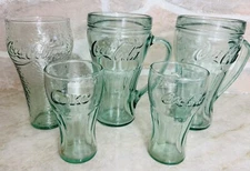 Lot Of 5 Vintage LIBBEY Green Flared Coca Cola 16 oz & 4 oz  Glasses - Heavy