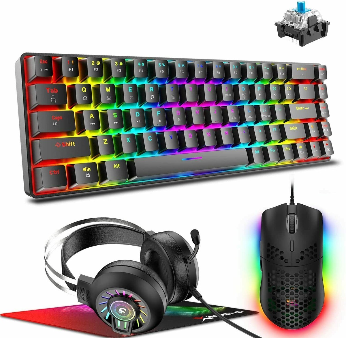 In1 Wired Gaming Keyboard Mouse Headset Set 60% Mechanical RGB