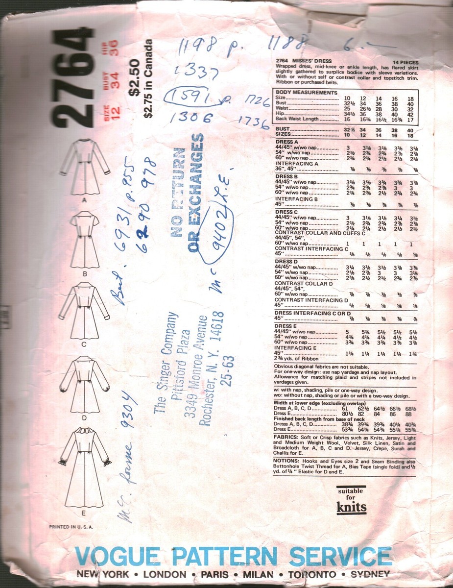 2764 Vintage Vogue Sewing Pattern Misses 1970s Mid Knee