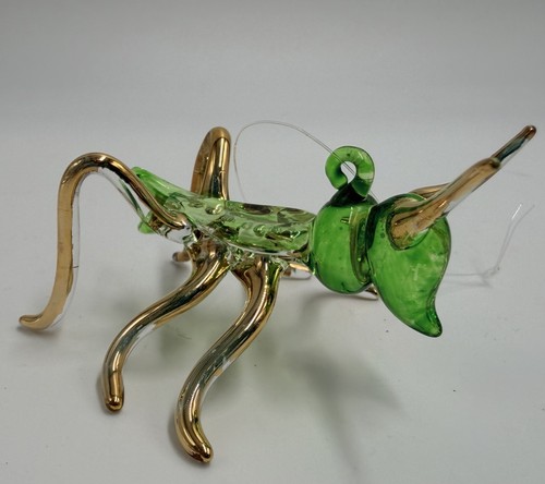 Grasshopper Blown Art Glass Green Figurine Gold Legs Insect Ornament Locust