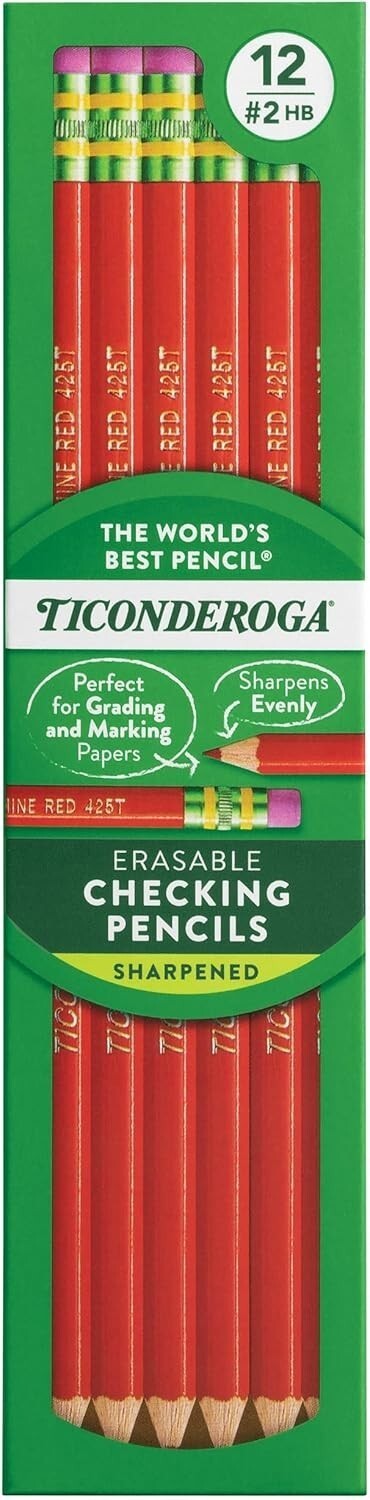 Ticonderoga Erasable Checking Pencils, Presharpened Carmine Red, 12 Pack