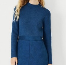 Ann Taylor Mock Neck Faux Suede Blue Sweater Dress With Gold Buttons. Sz. Small