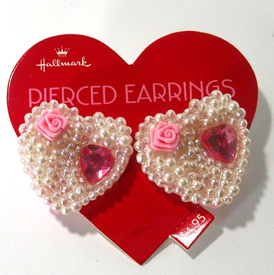 Vintage Hallmark Pierced Earrings Heart Shaped Pink Rosette & Heart Valentines