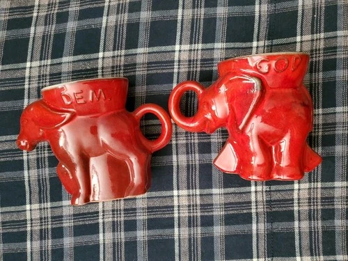 Vintage Frankoma 1976 GOP Elephant Mug & DEM Donkey Mug Red Glazed Bundle