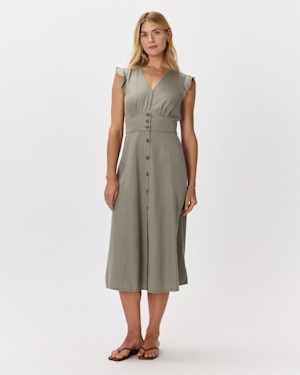 Quince Women Vintage Wash Tencel Button Front Midi Dress Olive Basic Sleeved L