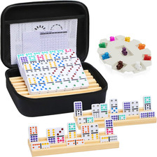 Mexican Train Dominoes Set with 4 Wooden Trays/Racks, Double 12 Dominos Travel S